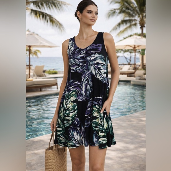 C&C California Other - Tropical Leaf Print Sleeveless Swing Dress – Black – XS